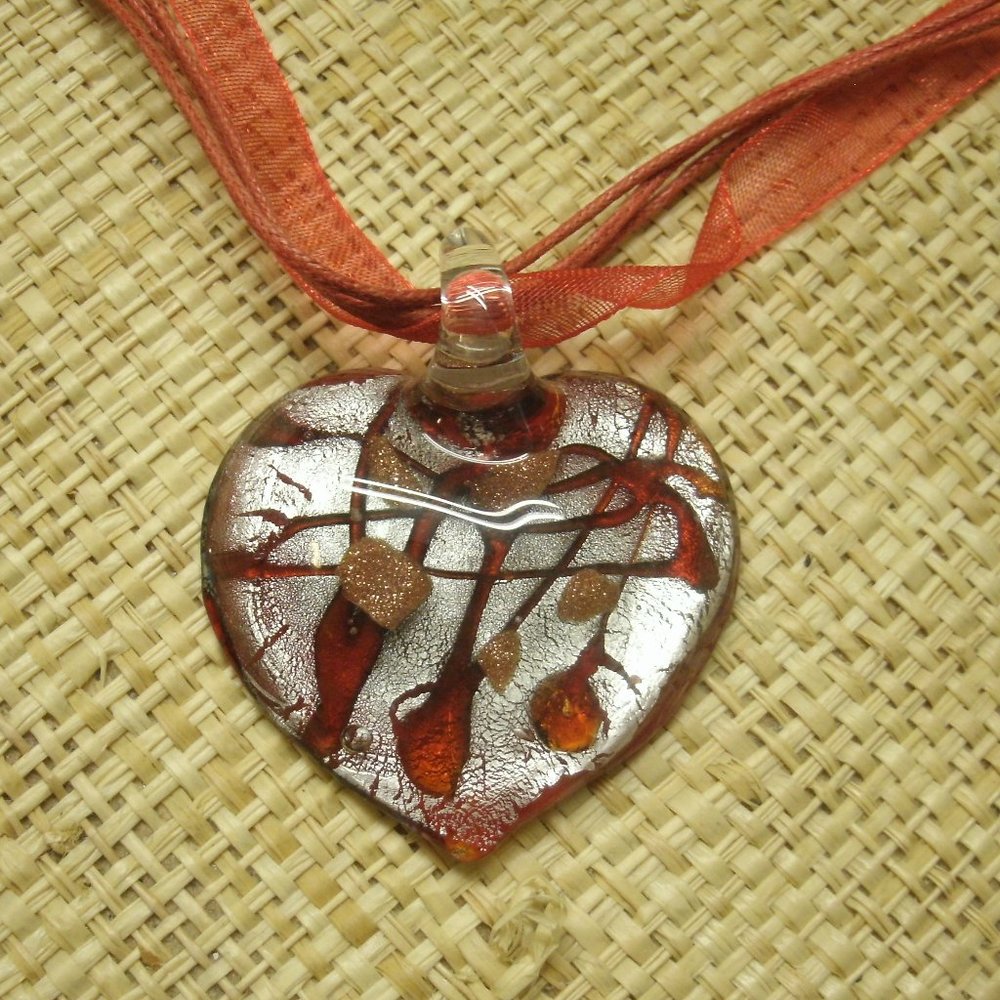 Murano Glass Red & Silver Heart Pendant Necklace
